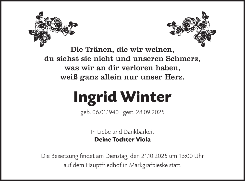  Traueranzeige für Ingrid Winter vom 18.10.2025 aus Märkische Oderzeitung