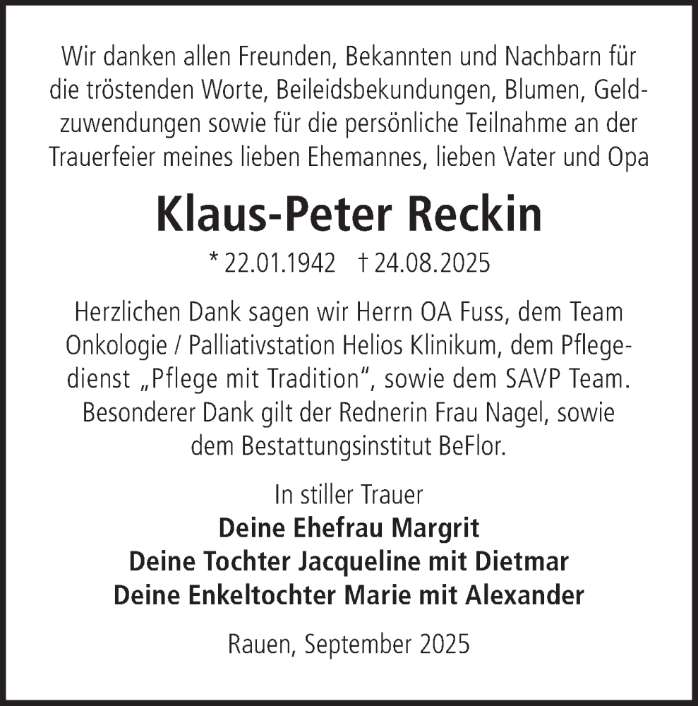  Traueranzeige für Klaus-Peter Reckin vom 11.10.2025 aus Märkische Oderzeitung