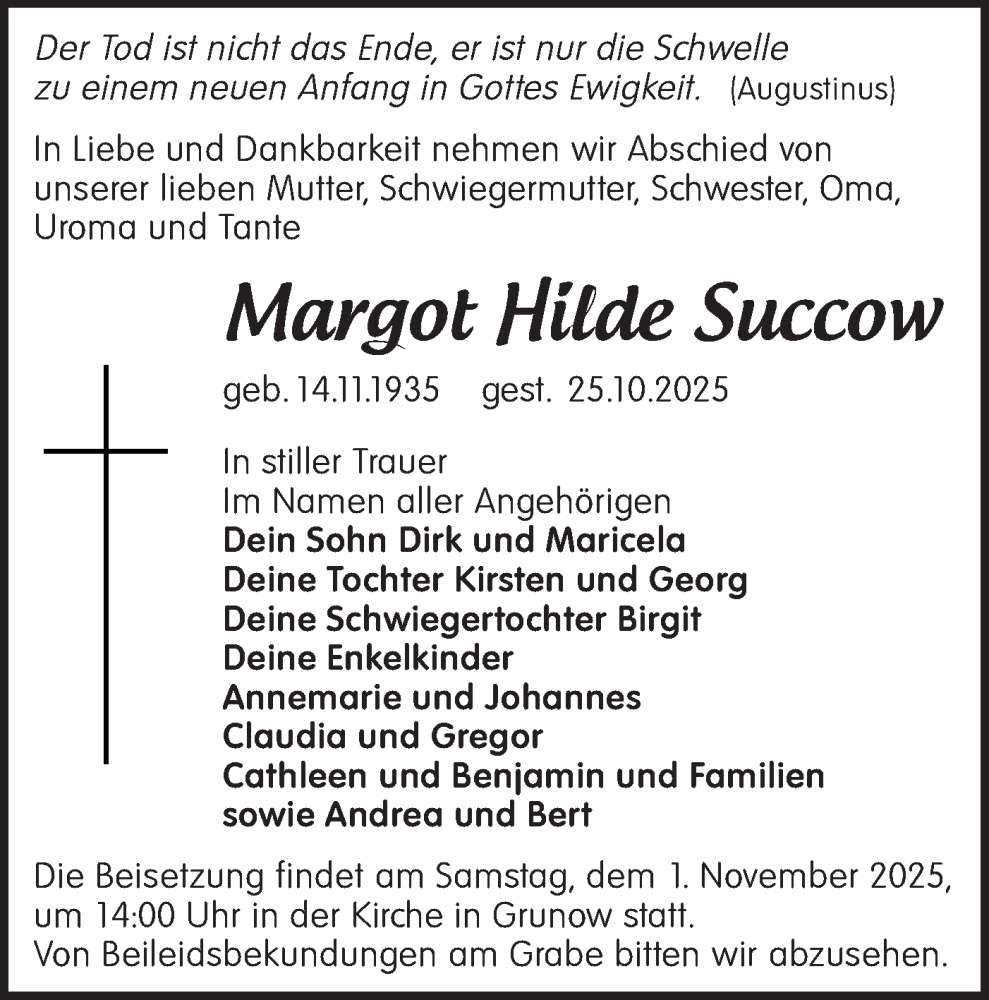  Traueranzeige für Margot Hilde Succow vom 29.10.2025 aus MO Oderld.-Echo