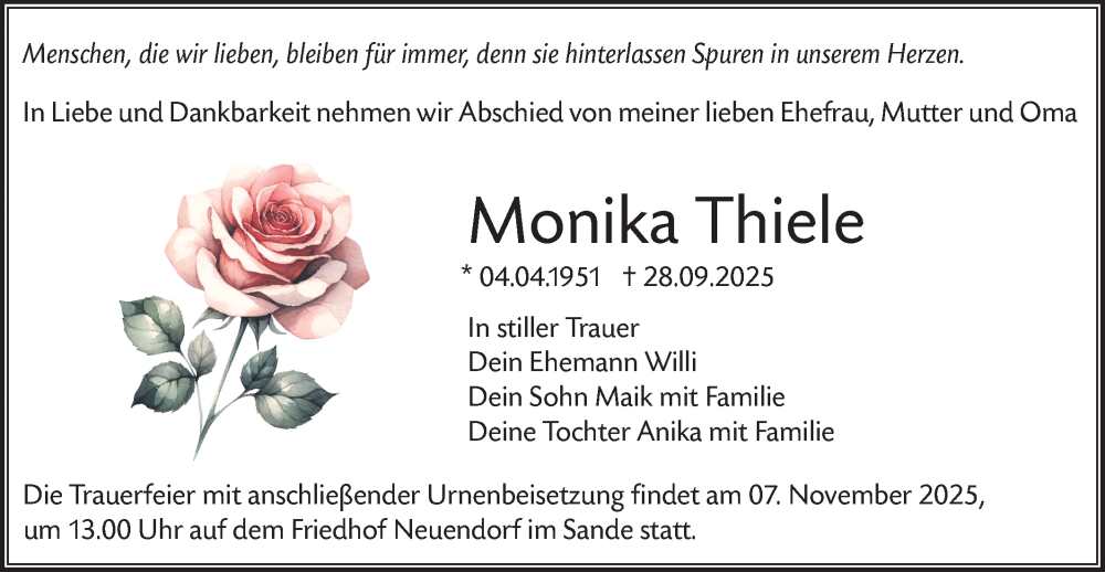  Traueranzeige für Monika Thiele vom 25.10.2025 aus Märkische Oderzeitung