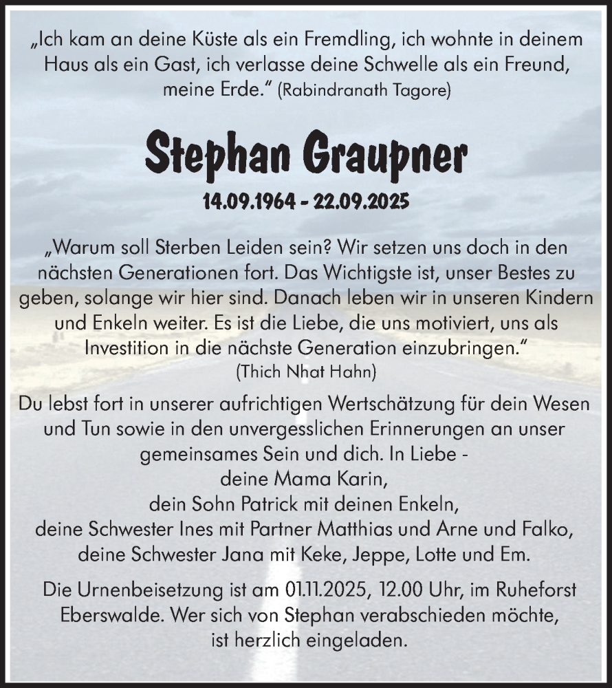  Traueranzeige für Stephan Graupner vom 06.10.2025 aus Märkische Oderzeitung