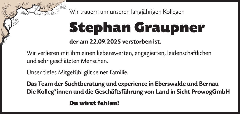  Traueranzeige für Stephan Graupner vom 11.10.2025 aus Märkische Oderzeitung