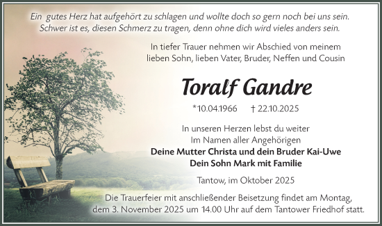 Traueranzeige von Toralf Gandre von MO Uckerm.-Anz.