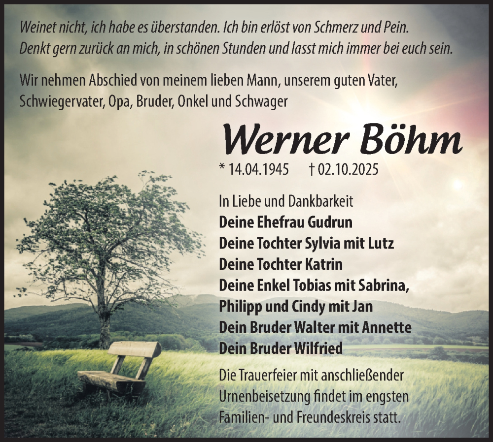  Traueranzeige für Werner Böhm vom 11.10.2025 aus Märkische Oderzeitung