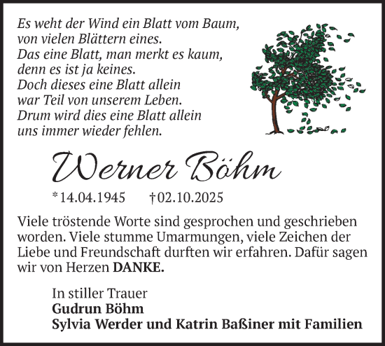 Traueranzeige von Werner Böhm von Märkische Oderzeitung