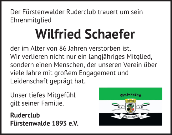 Traueranzeige von Wilfried Schaefer von Märkische Oderzeitung