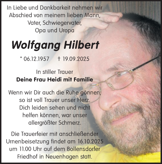 Traueranzeige von Wolfgang Hilbert von Märkische Oderzeitung