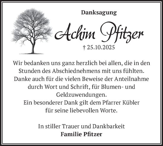 Traueranzeige von Achim Pfitzer von Märkische Oderzeitung