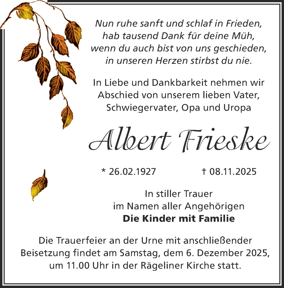  Traueranzeige für Albert Frieske vom 22.11.2025 aus Märkische Oderzeitung
