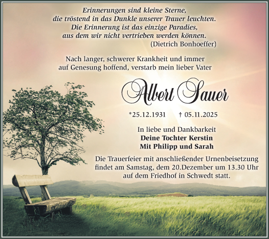 Traueranzeige von Albert Sauer von Märkische Oderzeitung