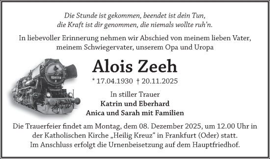 Traueranzeige von Alois Zeeh von Märkische Oderzeitung