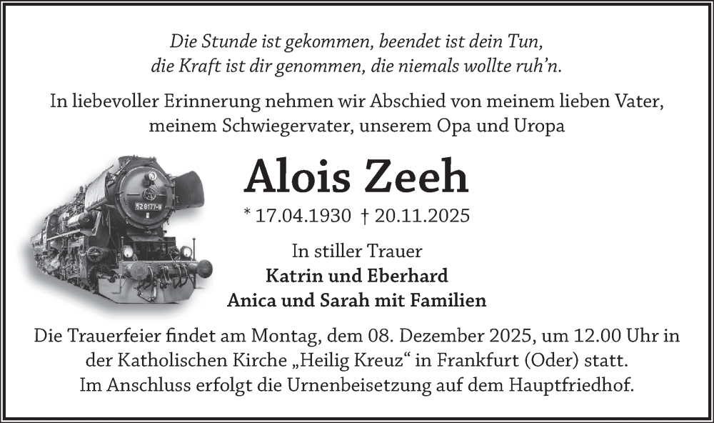  Traueranzeige für Alois Zeeh vom 29.11.2025 aus Märkische Oderzeitung