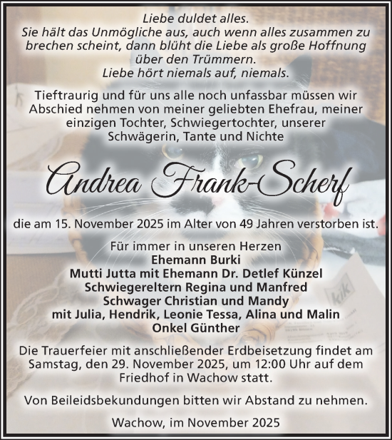 Traueranzeige von Andrea Frank-Scherf von Märkische Oderzeitung