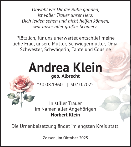 Traueranzeige von Andrea Klein von Blickpunkt Ludwigsfelde/Zossen