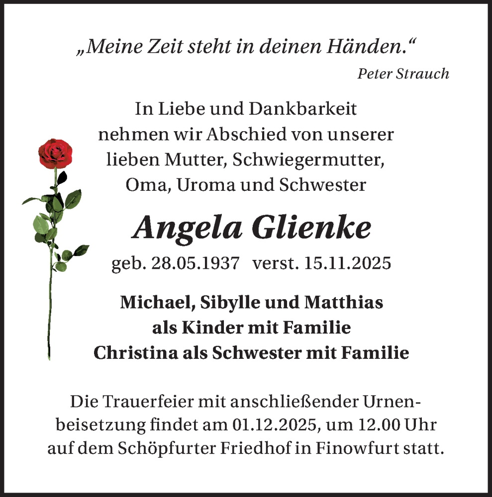  Traueranzeige für Angela Glienke vom 22.11.2025 aus Märkische Oderzeitung