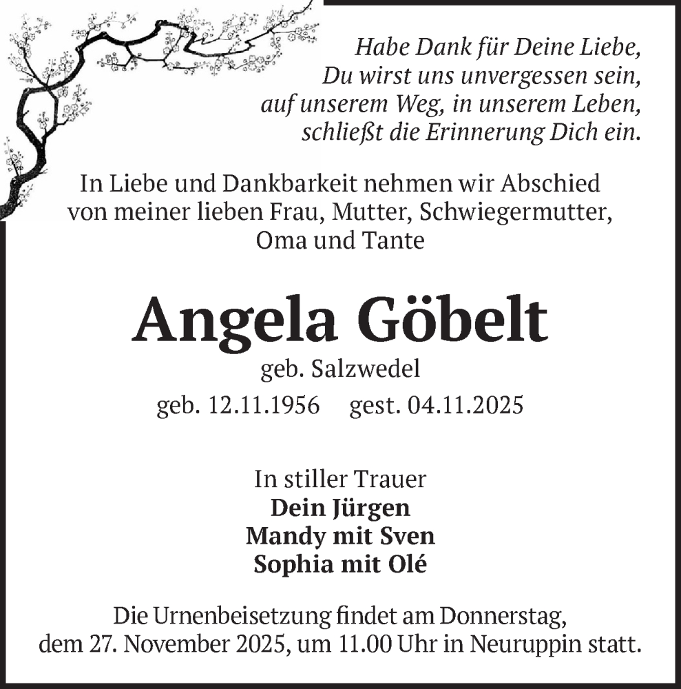  Traueranzeige für Angela Göbelt vom 15.11.2025 aus Märkische Oderzeitung