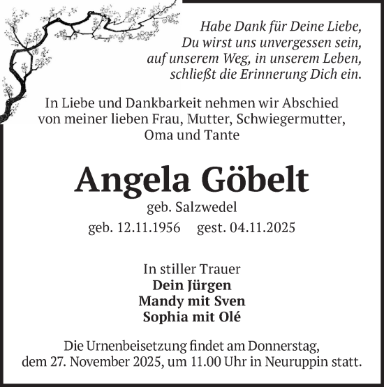 Traueranzeige von Angela Göbelt von Märkische Oderzeitung