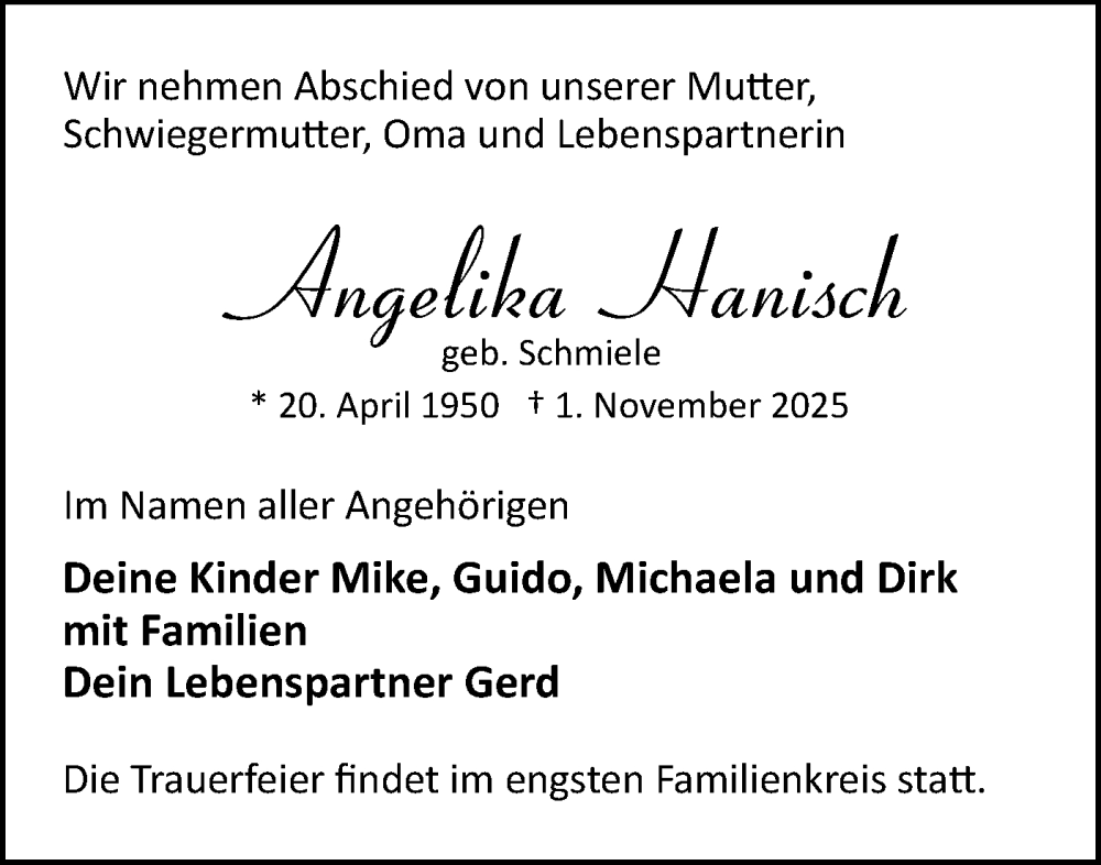  Traueranzeige für Angelika Hanisch vom 29.11.2025 aus Märkische Oderzeitung