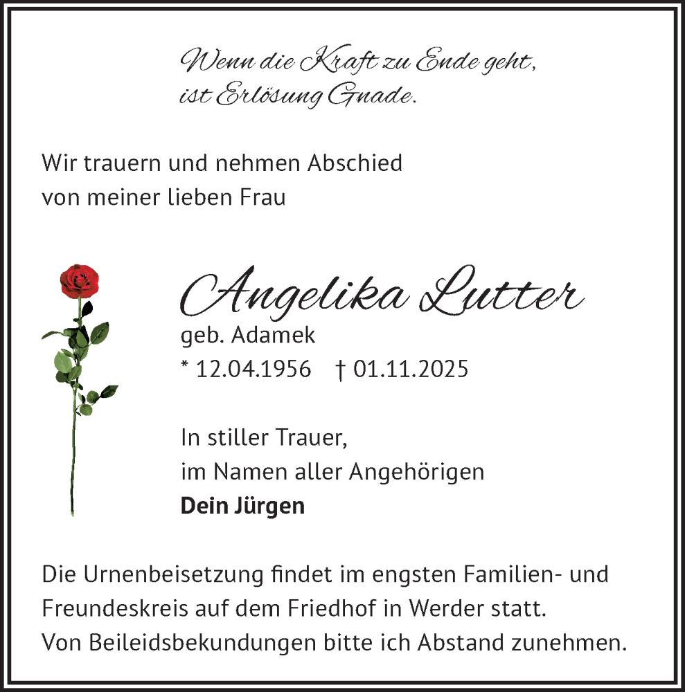  Traueranzeige für Angelika Lutter vom 08.11.2025 aus Märkische Oderzeitung