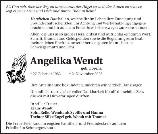Traueranzeige von Angelika Wendt von Märkische Oderzeitung