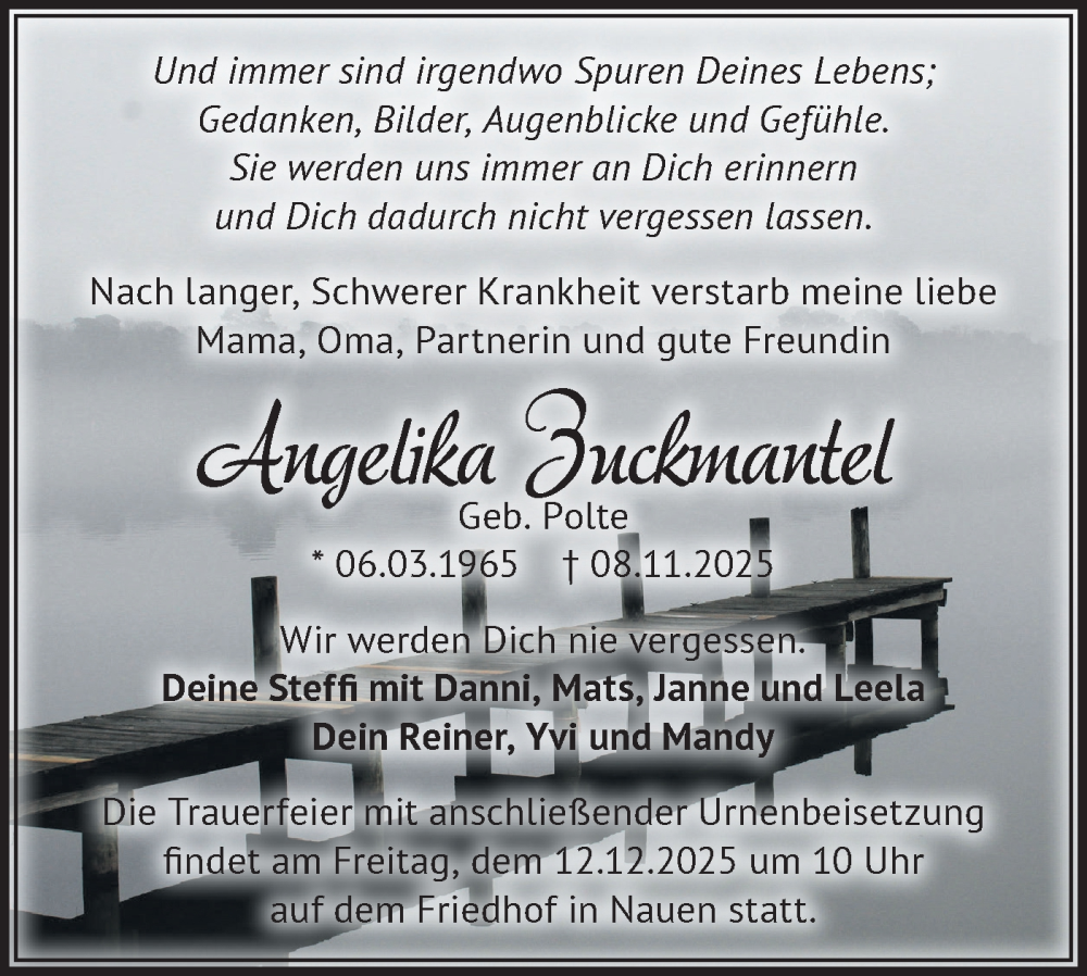  Traueranzeige für Angelika Zuckmantel vom 22.11.2025 aus Märkische Oderzeitung