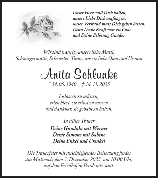 Traueranzeige von Anita Schlunke von Blickpunkt Jüterbog/Luckenwalde