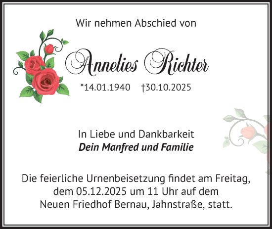 Traueranzeige von Annelies Richter von Märkische Oderzeitung