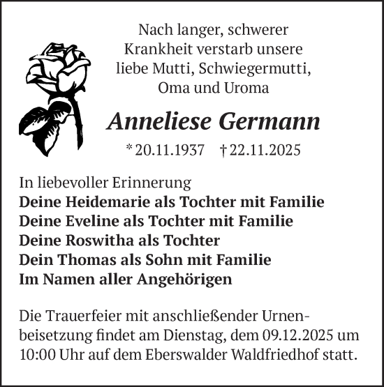 Traueranzeige von Anneliese Germann von Märkische Oderzeitung
