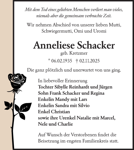 Traueranzeige von Anneliese Schacker von Märkische Oderzeitung