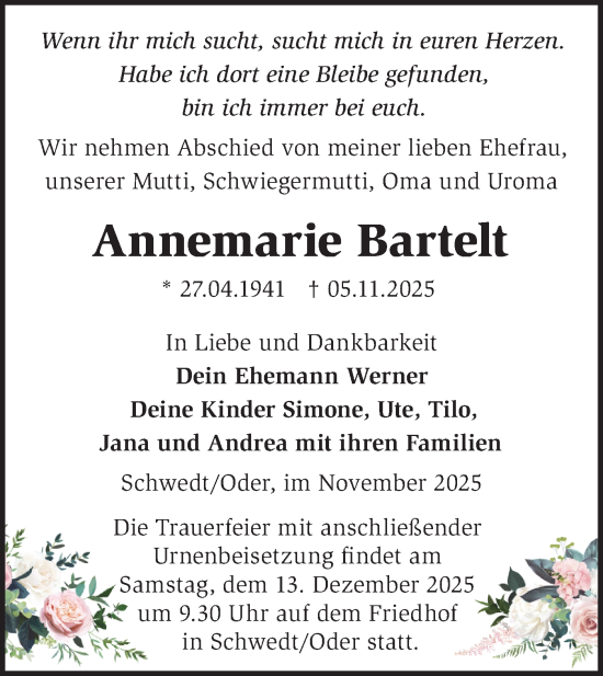 Traueranzeige von Annemarie Bartelt von MO Uckerm.-Anz.