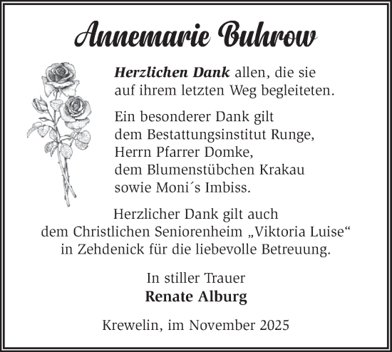 Traueranzeige von Annemarie Buhrow von Märkische Oderzeitung