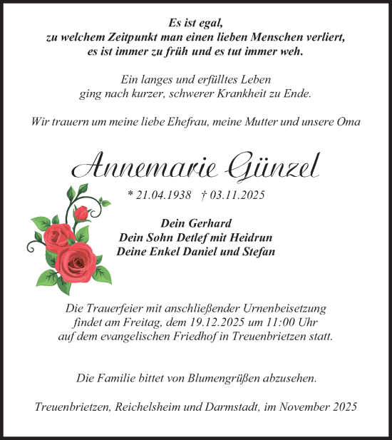 Traueranzeige von Annemarie Günzel von Blickpunkt Jüterbog/Luckenwalde