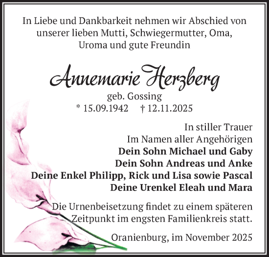 Traueranzeige von Annemarie Herzberg von Märkische Oderzeitung