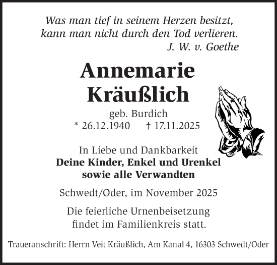 Traueranzeige von Annemarie Kräußlich von MO Uckerm.-Anz.