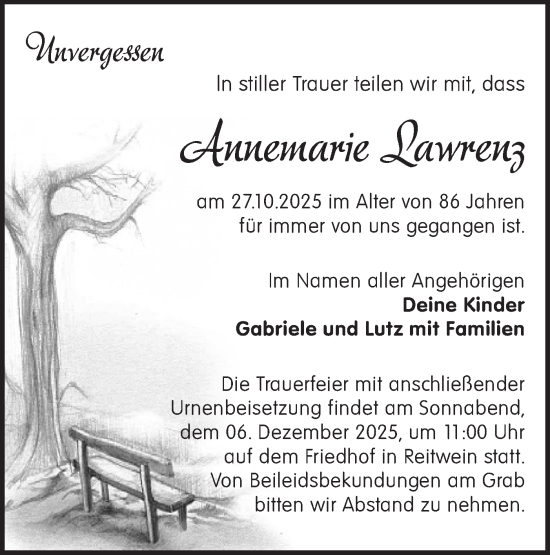 Traueranzeige von Annemarie Lawrenz von Märkische Oderzeitung