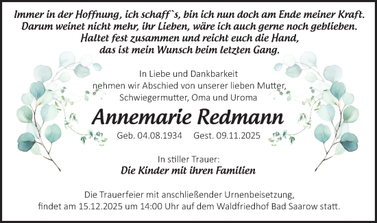Traueranzeige von Annemarie Redmann von Märkische Oderzeitung