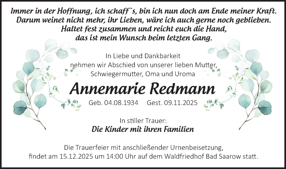  Traueranzeige für Annemarie Redmann vom 19.11.2025 aus Märkische Oderzeitung
