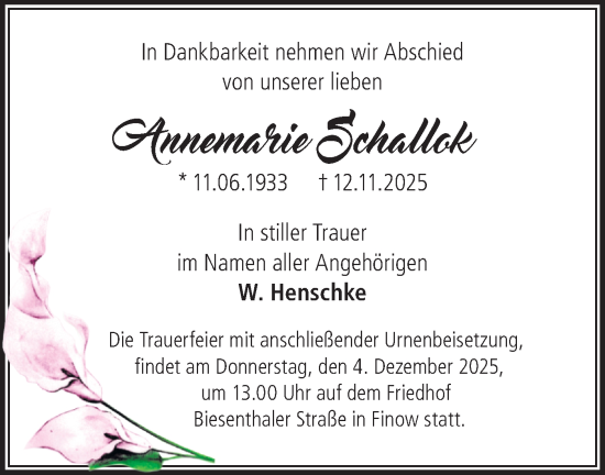 Traueranzeige von Annemarie Schallok von Märkische Oderzeitung