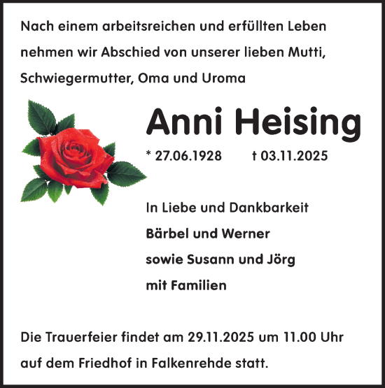 Traueranzeige von Anni Heising von Märkische Oderzeitung