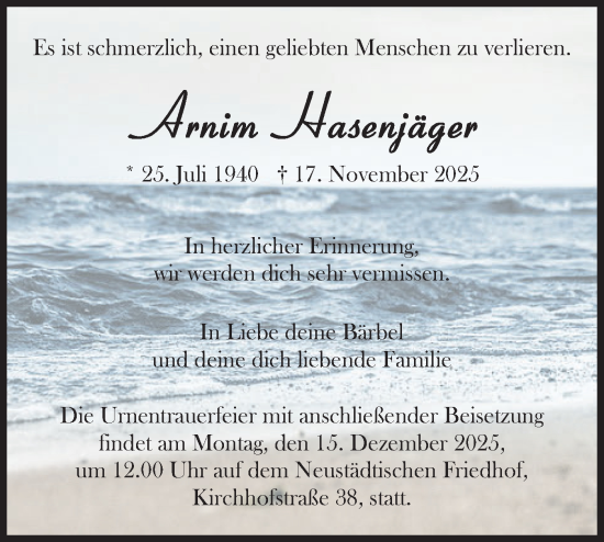 Traueranzeige von Arnim Hasenjäger von Märkische Oderzeitung