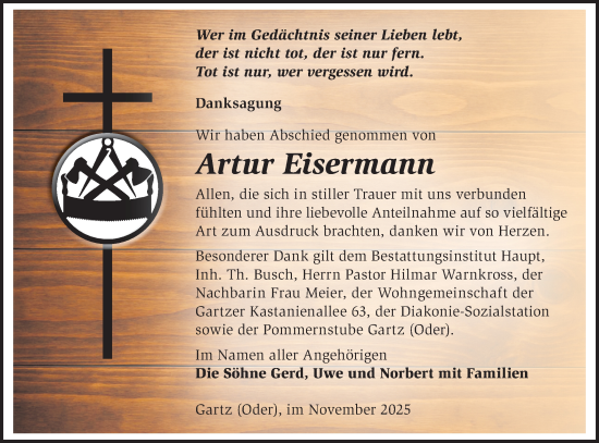 Traueranzeige von Artur Eisermann von MO Uckerm.-Anz.