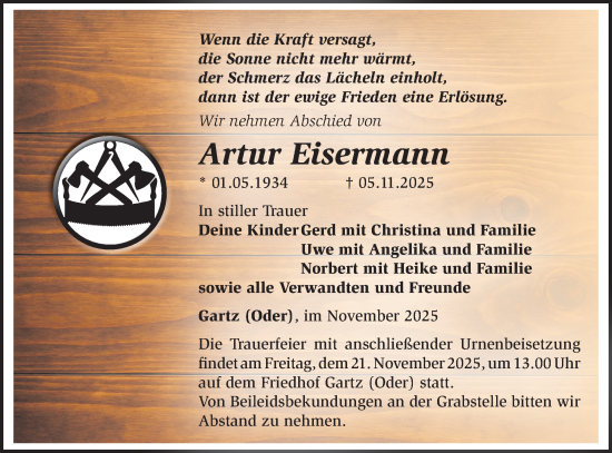 Traueranzeige von Artur Eisermann von MO Uckerm.-Anz.