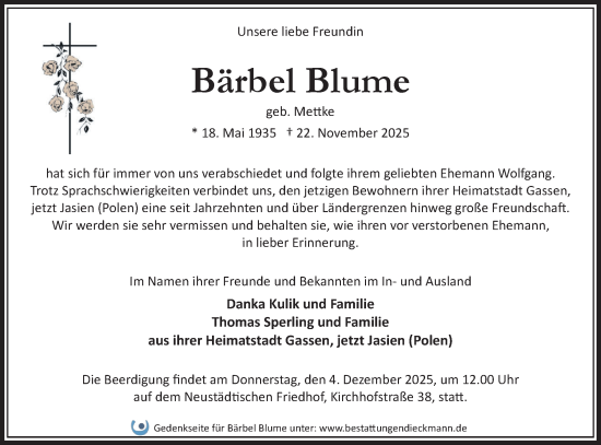 Traueranzeige von Bärbel Blume von Märkische Oderzeitung