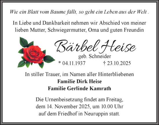 Traueranzeige von Bärbel Heise von Märkische Oderzeitung