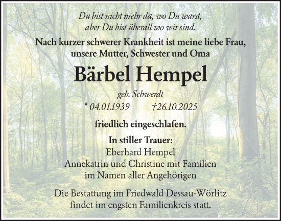 Traueranzeige von Bärbel Hempel von Märkische Oderzeitung