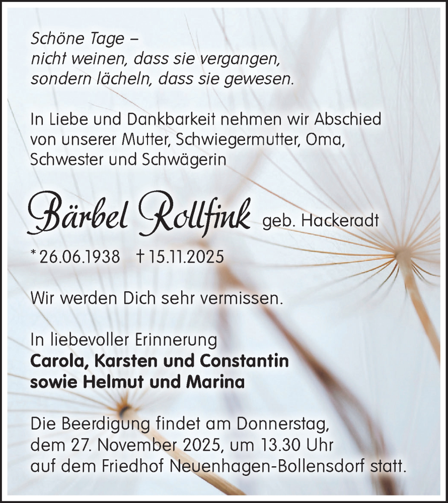  Traueranzeige für Bärbel Rollfink vom 22.11.2025 aus Märkische Oderzeitung