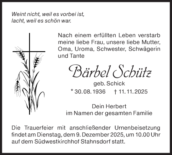Traueranzeige von Bärbel Schütz von Blickpunkt Potsdam/Werder