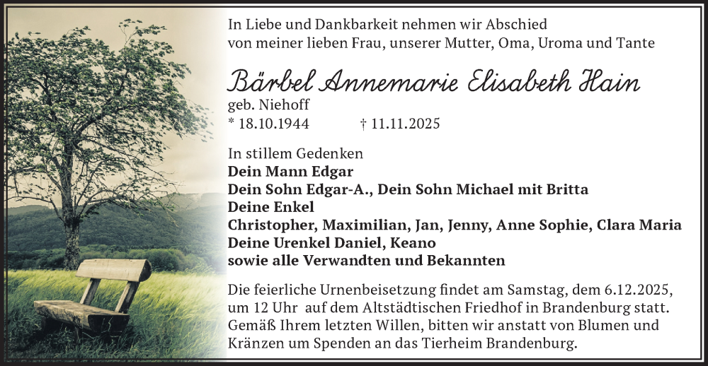  Traueranzeige für Bärbel Annemarie Elisabeth Hain vom 22.11.2025 aus Märkische Oderzeitung