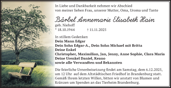 Traueranzeige von Bärbel Annemarie Elisabeth Hain von Märkische Oderzeitung