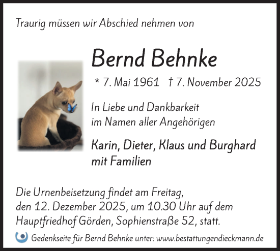 Traueranzeige von Bernd Behnke von Märkische Oderzeitung